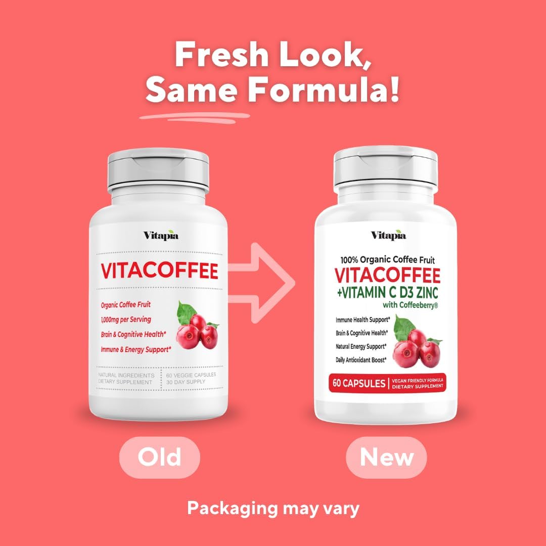 Vitacoffee Caffeine Pills - Coffee Fruit, Vitamin C, Vitamin D, Zinc Gluconate - Energy, Memory, Focus, Antioxidant, Skin Support - 60 Veggie Capsules - Non-GMO, Gluten-Free, Vegan Supplement
