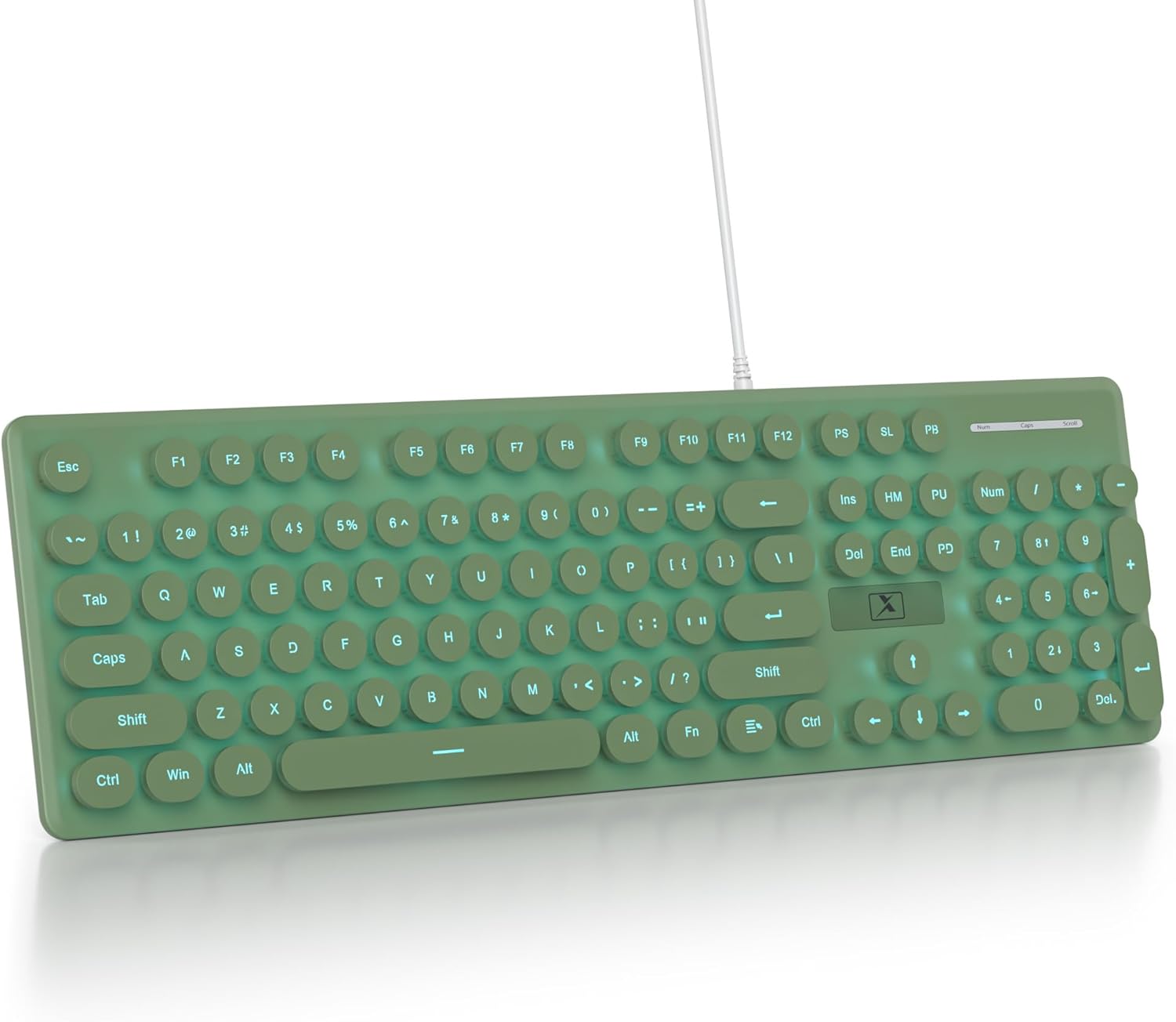 Quiet Keyboard Wired Membrane Keyboard Green, Full Size 104 Keys Typewriter Key Board with Number Pad, Blue LED Backlit, Round Keycaps, Cute Computer Keyboards (Dark Green)