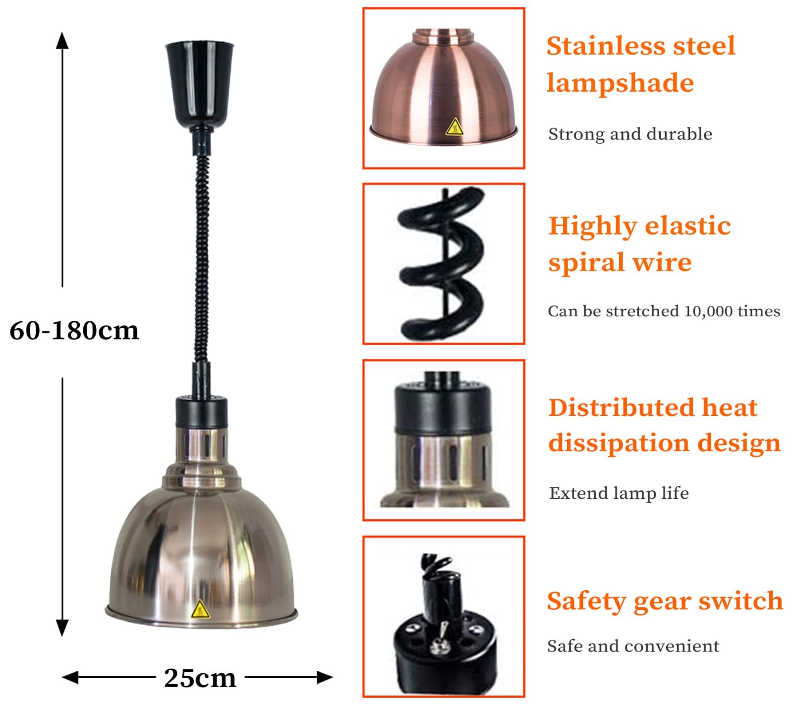 Scaldavivande da buffet in acciaio inox con lunghezza del cavo regolabile, attrezzatura per riscaldamento da cucina commerciale per uso professionale, include 3 lampadine a infrarossi a prova di