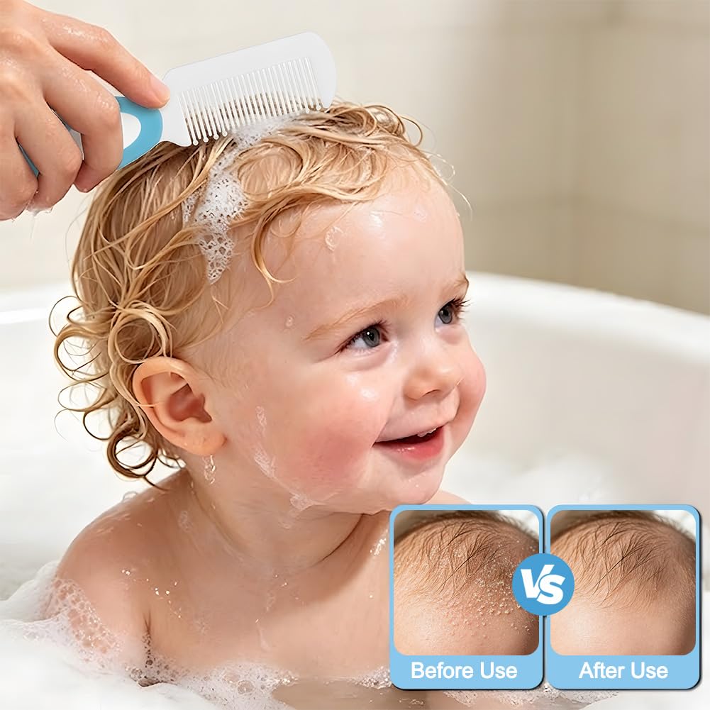 3PCS Ensemble Brosse à Cheveux et Peigne pour Bébé, Brosse à Cheveux avec Poils Naturels Doux, Manche Antidérapant, Cadeau de Fête Prénatale, Ensemble de Soin des Cheveuxs, B