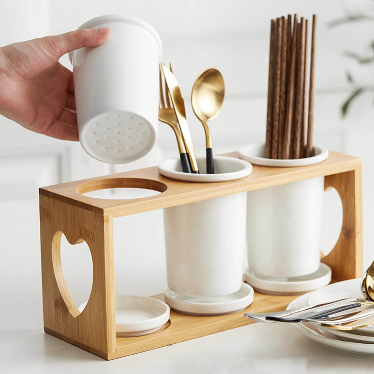 Angoily Organisateur de Couverts Solide et Élégant et Design Drainant en Céramique et Bois 3 Compartiments pour Rangement Pratique Porte-ustensiles Cuisine