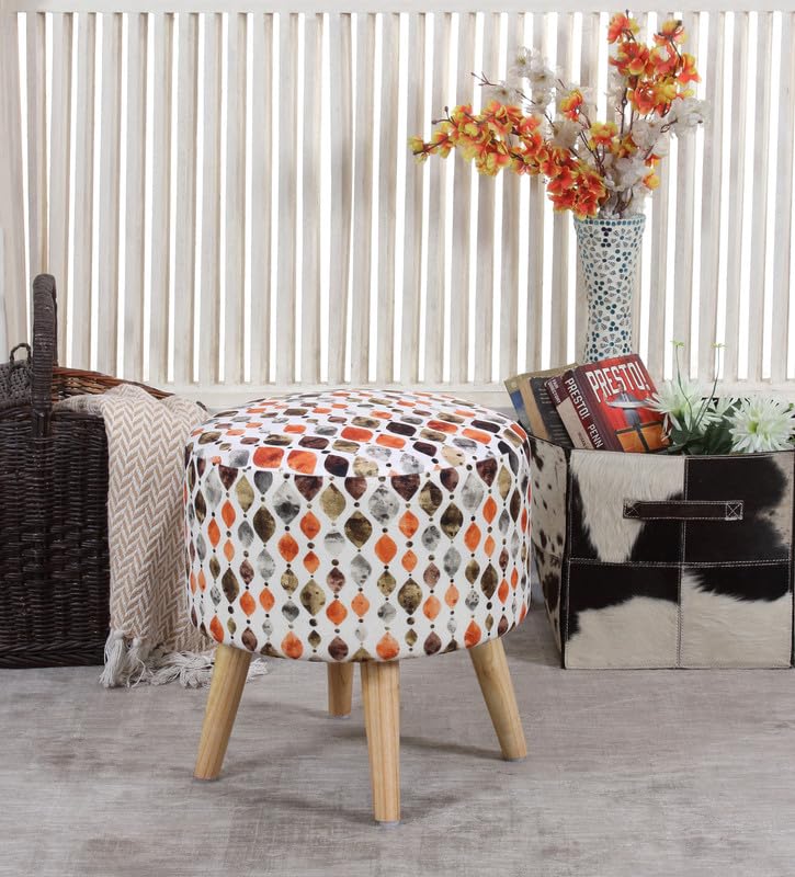 ShadowKart Ottoman Pouffes Sitting Mudda Puffy Stool for Living Room Dressing Table Pouf Round Footstool for Home Decor, Printed,16x16x17 Inch, Orange Crystal-image-30