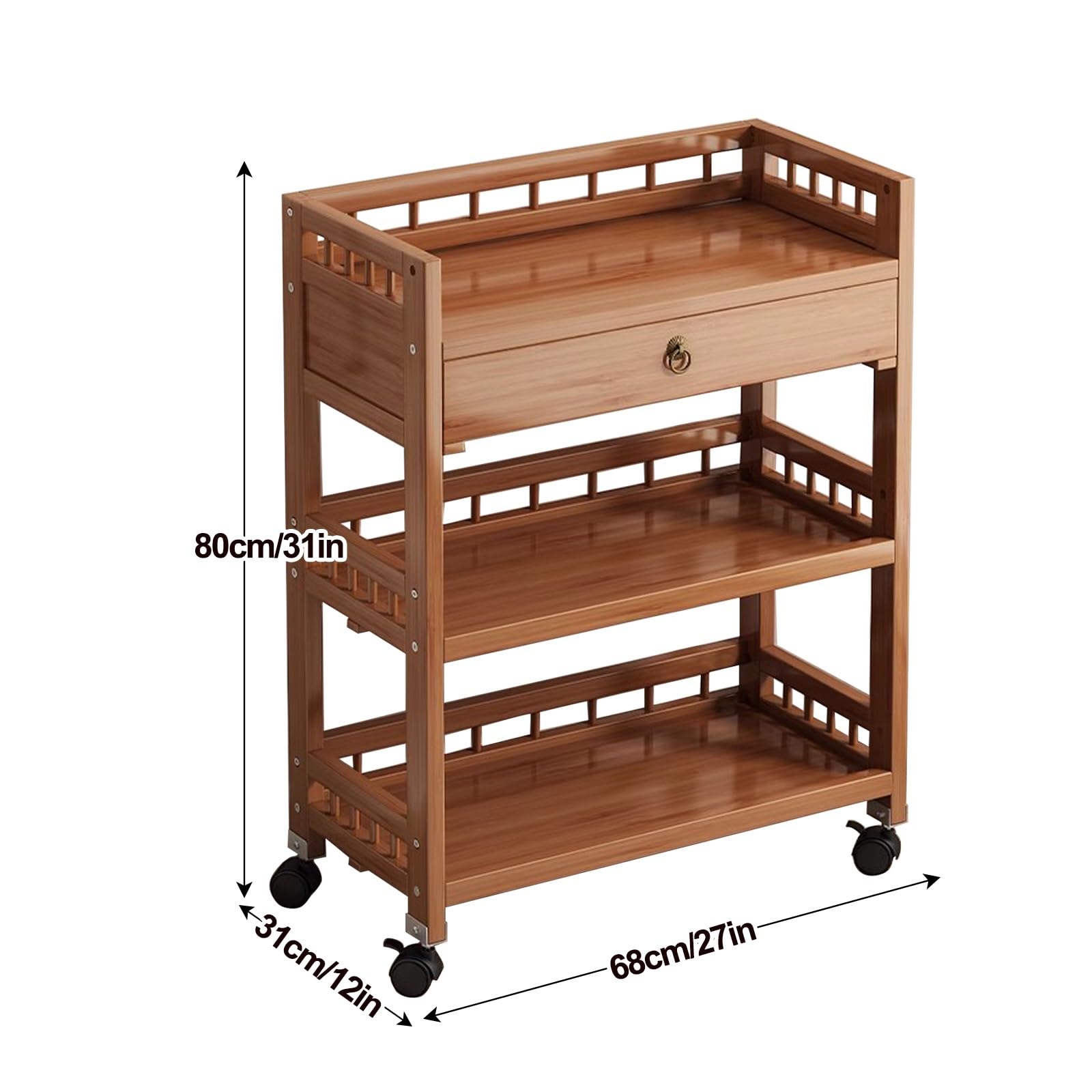 Carrito de madera de 3 niveles con ruedas versátil para cocina y sala de estar, ideal para oficina y comedor, elegante solución de almacenamiento en el hogar