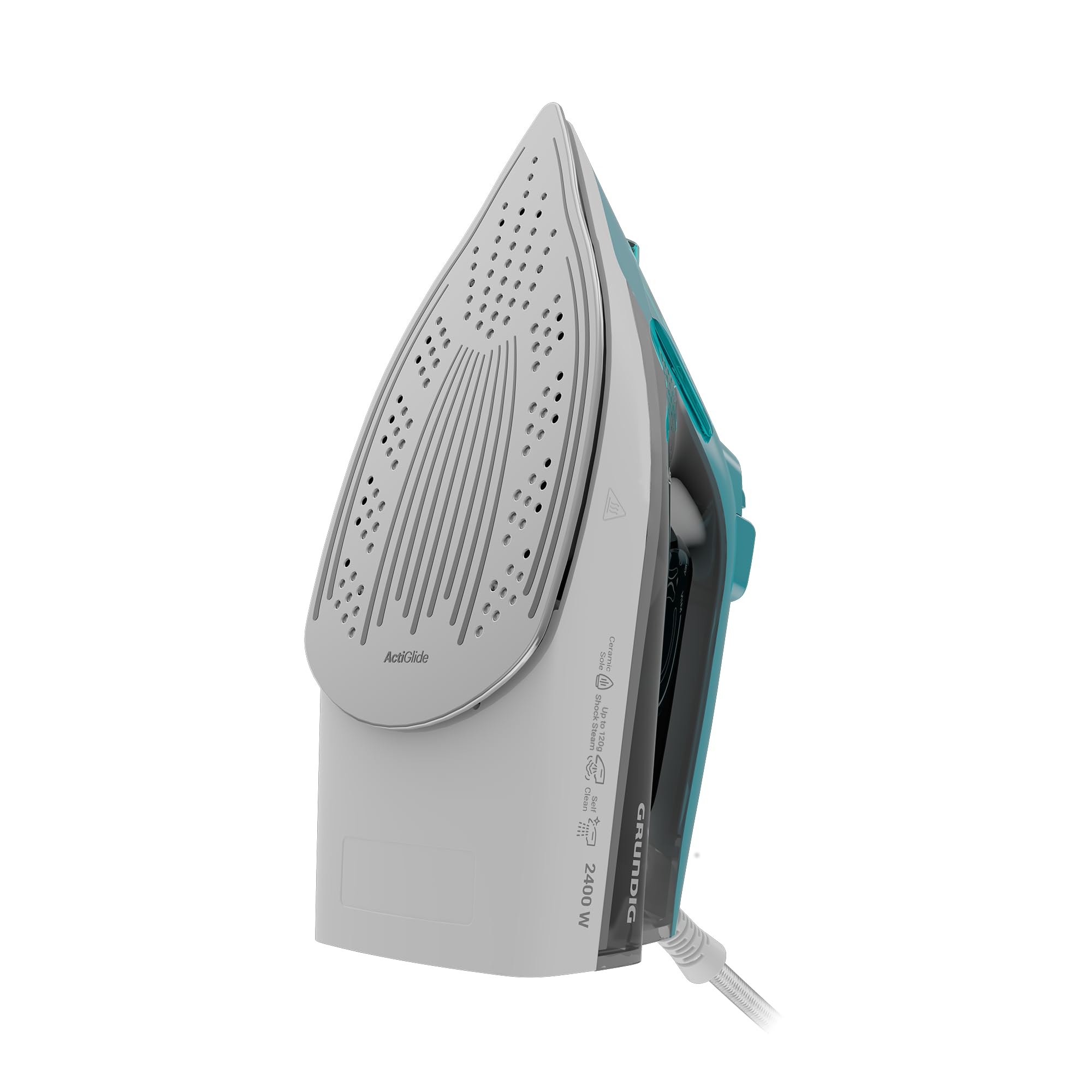 GRUNDIG SI 3550 żelazko parowe, 2400 W, uderzenie pary 120 g/min, moc pary 25 g/min, ceramiczna stopa, zbiornik na wodę 220 ml, technologia zapobiegająca osadzaniu się kamienia, biały/turkusowy