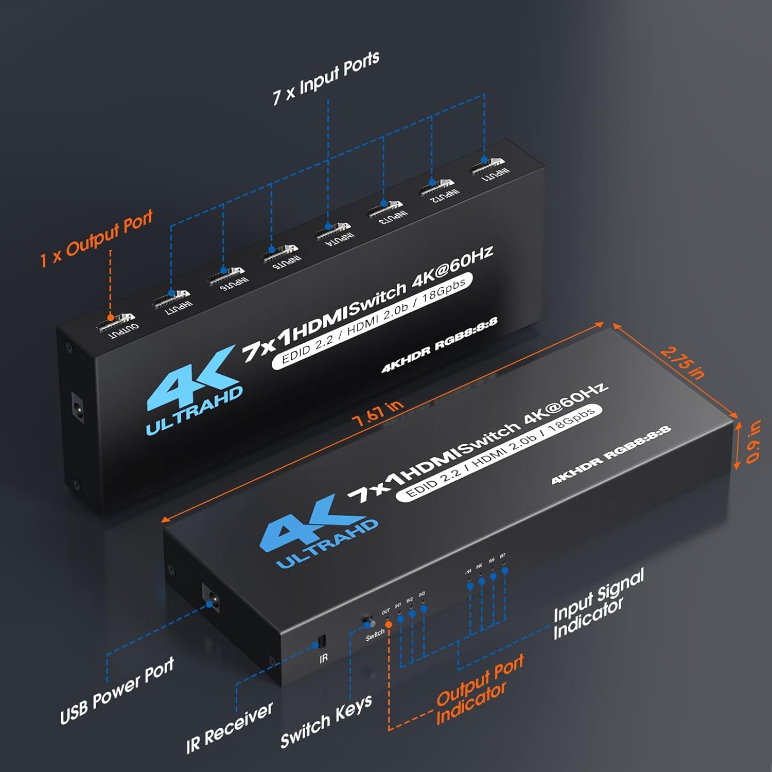 HDMI Switch 7 in 1 Out 4K@ 60Hz HDMI 2.0 Commutateur 7 Port HDMI Selector Box with IR Télécommande Soutien HDCP 2.2 HDR10 3D 18Gbps Dolby Vision/Panorama Sound pour Xbox PS5/4 Roku HDTV Monitor
