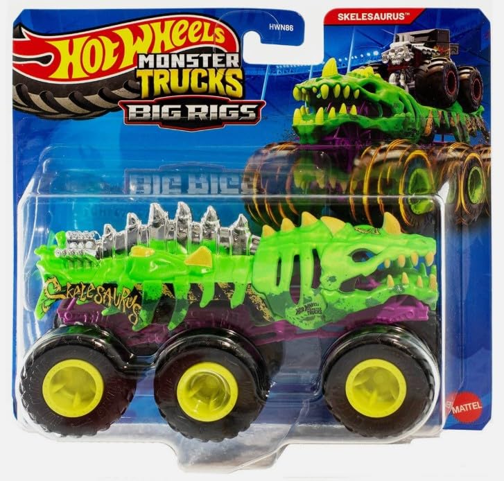 Hot Wheels Monster Trucks Big Rigs, 1:64 Scale Trailer Truck with 6 Wheels (Skelesaurus)