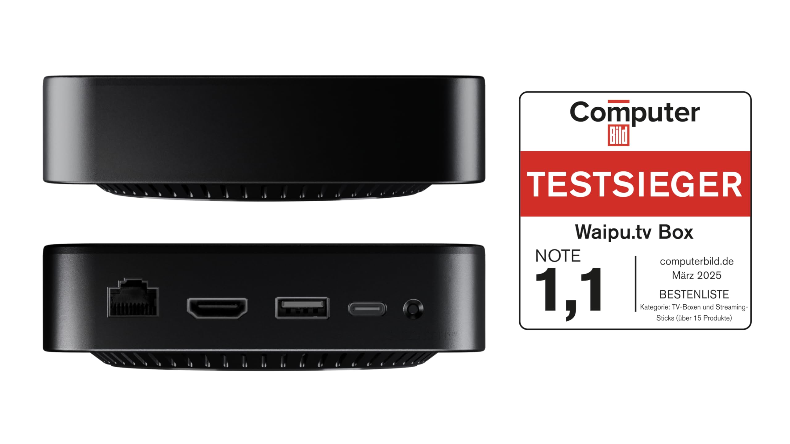 waipu.tv Box | Telecomando con illuminazione | Televisione via Wi-Fi | LAN | HDMI | 4K | HDR10+ | Dolby Vision | Dolby Atmos | Voucher per 3 mesi 300 canali TV e 40.000 film e serie