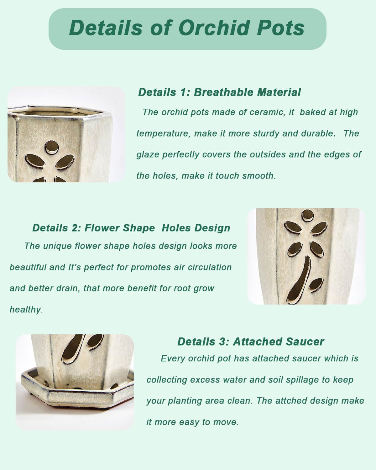 vensovo 10 CM Ceramic Orchid Pot with Holes and Attached Saucer - Image 3