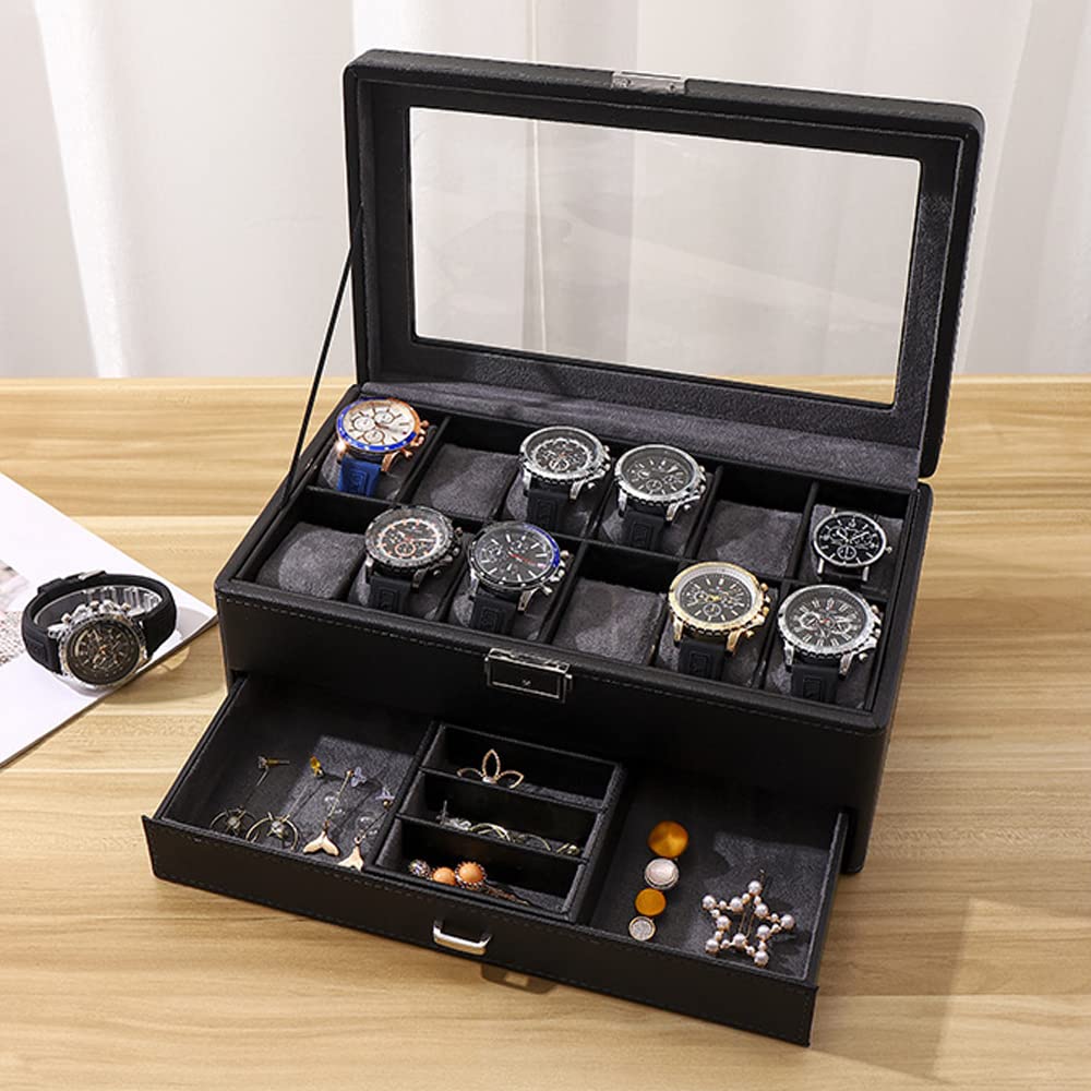 Homarket Watch Box Watch Organizer Lockable Jewelry Case with Drawer Holder Earrings Storage Leather Jewelry Organizer with Glass Top for Men Women (Double-deck)