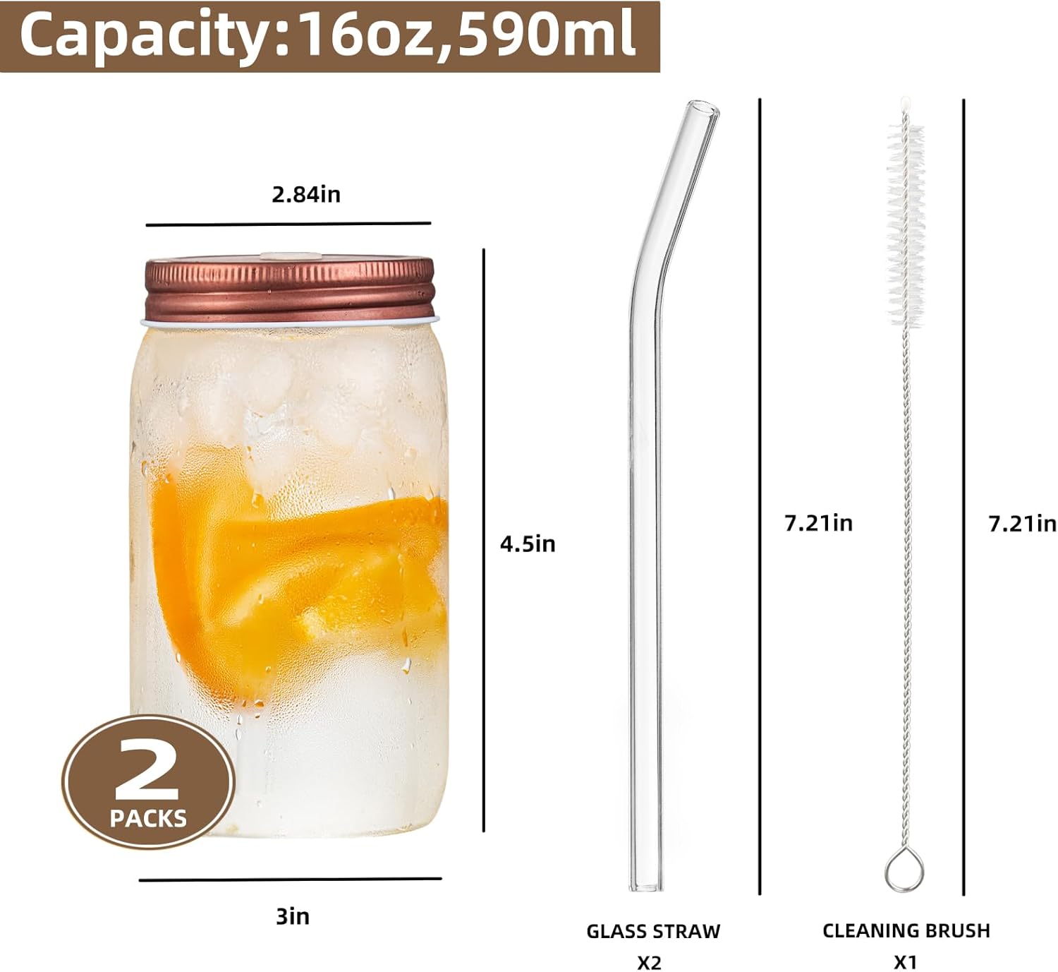 16oz Glass Cups with Lids and Straws - 2Pcs Reusable Juice Bottles,Drinking Glasses Set for Coffee Bar Accessories,Matcha Cup Glass Tumbler Reusable for Gifts - Image 2