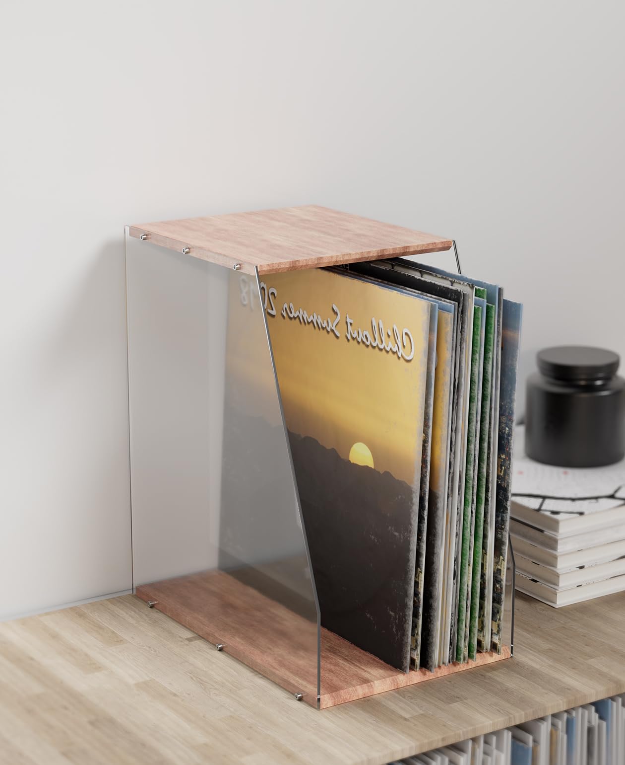 AceLuste Vinyl Record Storage Rack, 40LPs+ Capacity Wooden Vinyl Albums Display Organizer with Acrylic Board, Quick Assembly Retro Style Record Storage Box for CD, Magazine, File