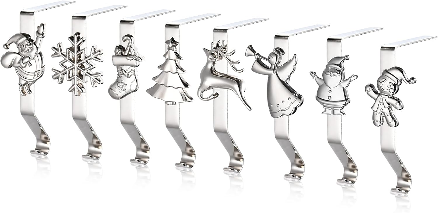 Christmas Stocking Holders for Mantle Set of 8, Weighted Stocking Hangers for Mantel Fireplace, Stocking Hooks for Xmas Decoration(Silver,8PCS)