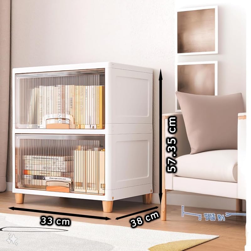 Image of EXVITO 2 Tier Foldable Wardrobe for Bedroom Clothes Storage Cabinet | Collapsible Plastic Almirah Organizer with Magnetic Doors & Wheels | Stackable Cupboard for Clothes Storage - Beige