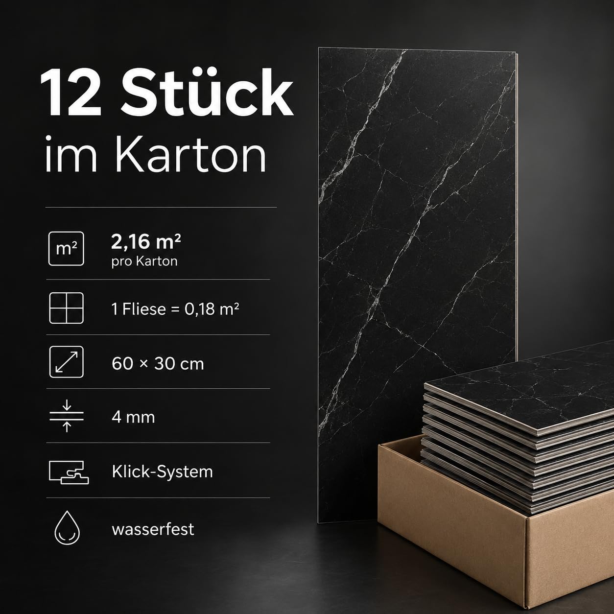 SPC Klick Revêtement de sol en vinyle imperméable 4 mm 60 x 30 cm 12 carreaux 2,16 m² Revêtement de sol intérieur Marbre noir 1 m²