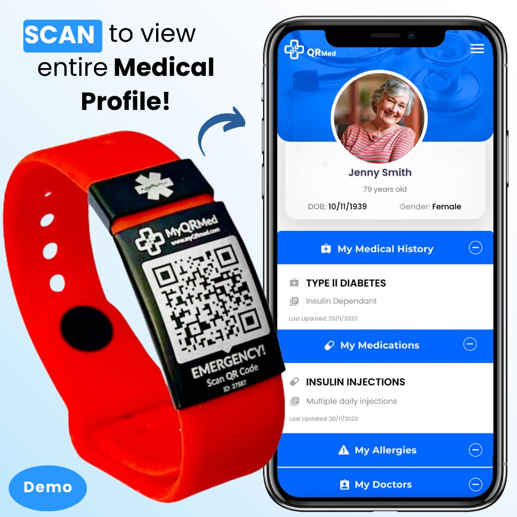 Pulsera inteligente de identificación médica | Escanea el código QR para ver todo el perfil de salud - Actualiza en cualquier momento | Perfil gratuito | Alerta médica para hombres, mujeres, niños |