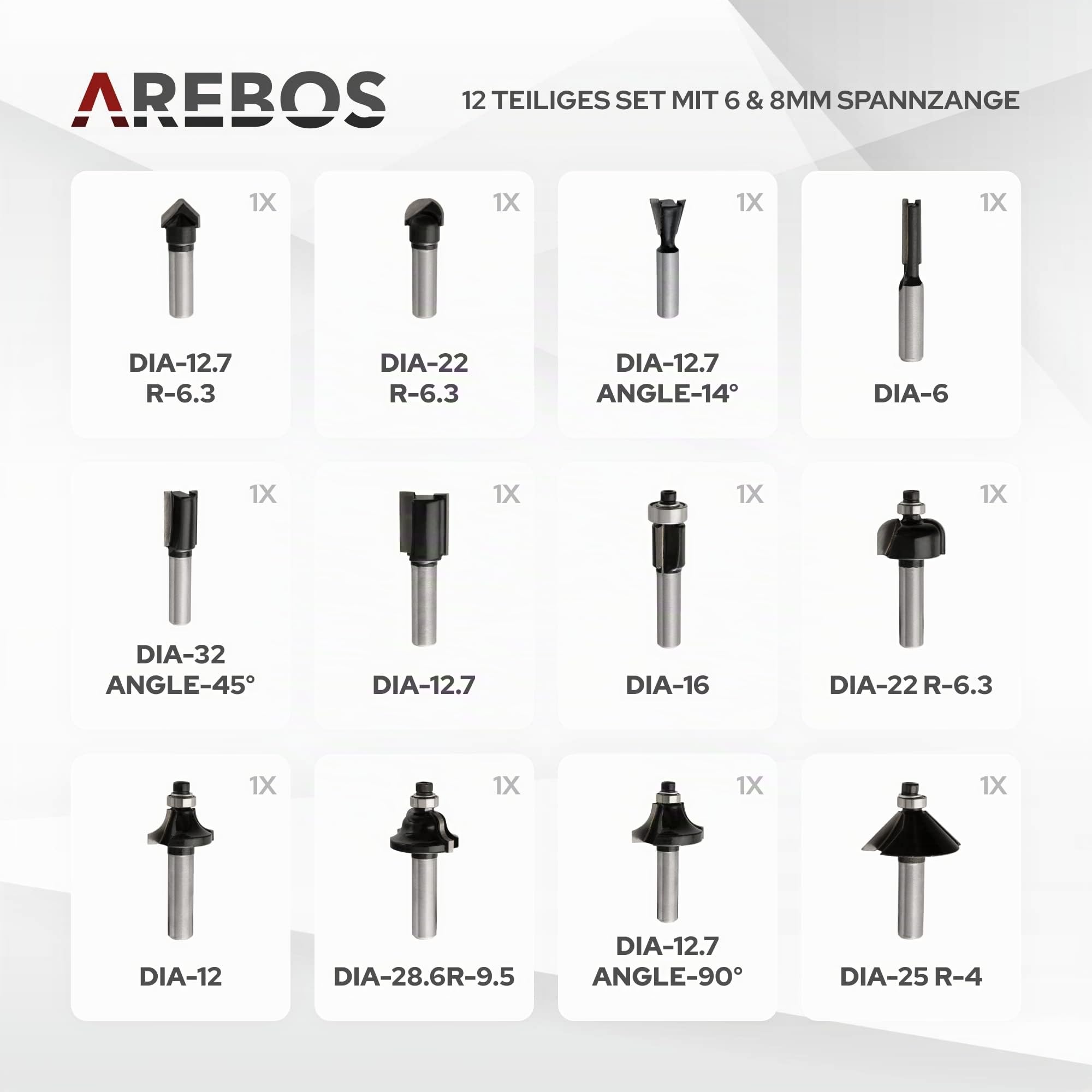Arebos Oberfräse mit Koffer (1200 W, Ø 6 und 8 mm, Drehzahlregelung, Parallelanschlag, Reduzierstück, Kopierhülse, Absaugadapter, inkl. Zubehör) inkl. Fräser Set 12-teilig