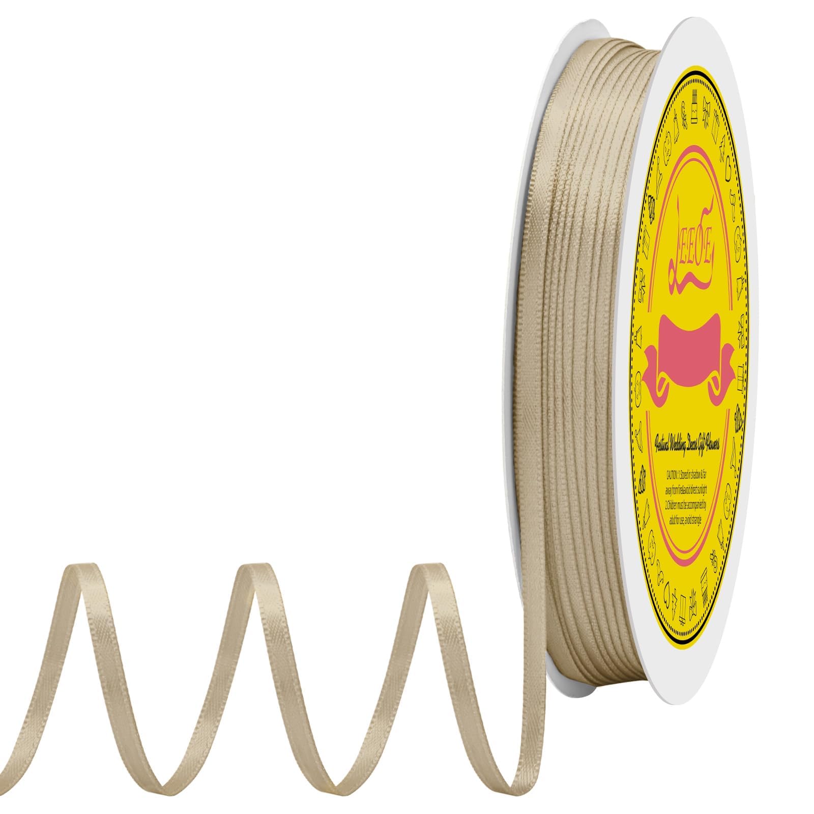 Double Face Tan Satin Thin Ribbon 1/8 inch X 100 Yards Polyester Tan Ribbon for Gift Wrapping Very Suitable for Weddings Party Hair Bow Invitation Decorations and More