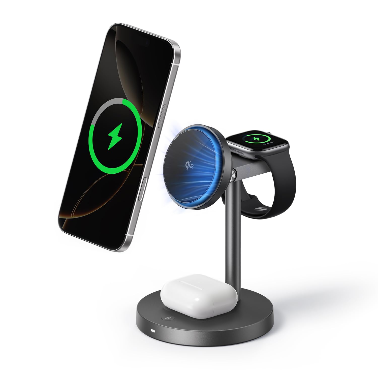 EcoFlow 3 in 1 Qi2 Magsafe Apple Ladestation mit Verstellbarer Ständer, Kabellose iPhone Ladestation Magnetisches Kabelloses Ladegerät 15W für iPhone 17/16/Series, Apple Watch und AirPods, Schwarz