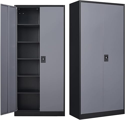 MIIIKO Armario de almacenamiento de metal con puertas de bloqueo, armarios de acero con cerradura de garaje negro con 4 puertas y 5 estantes para el