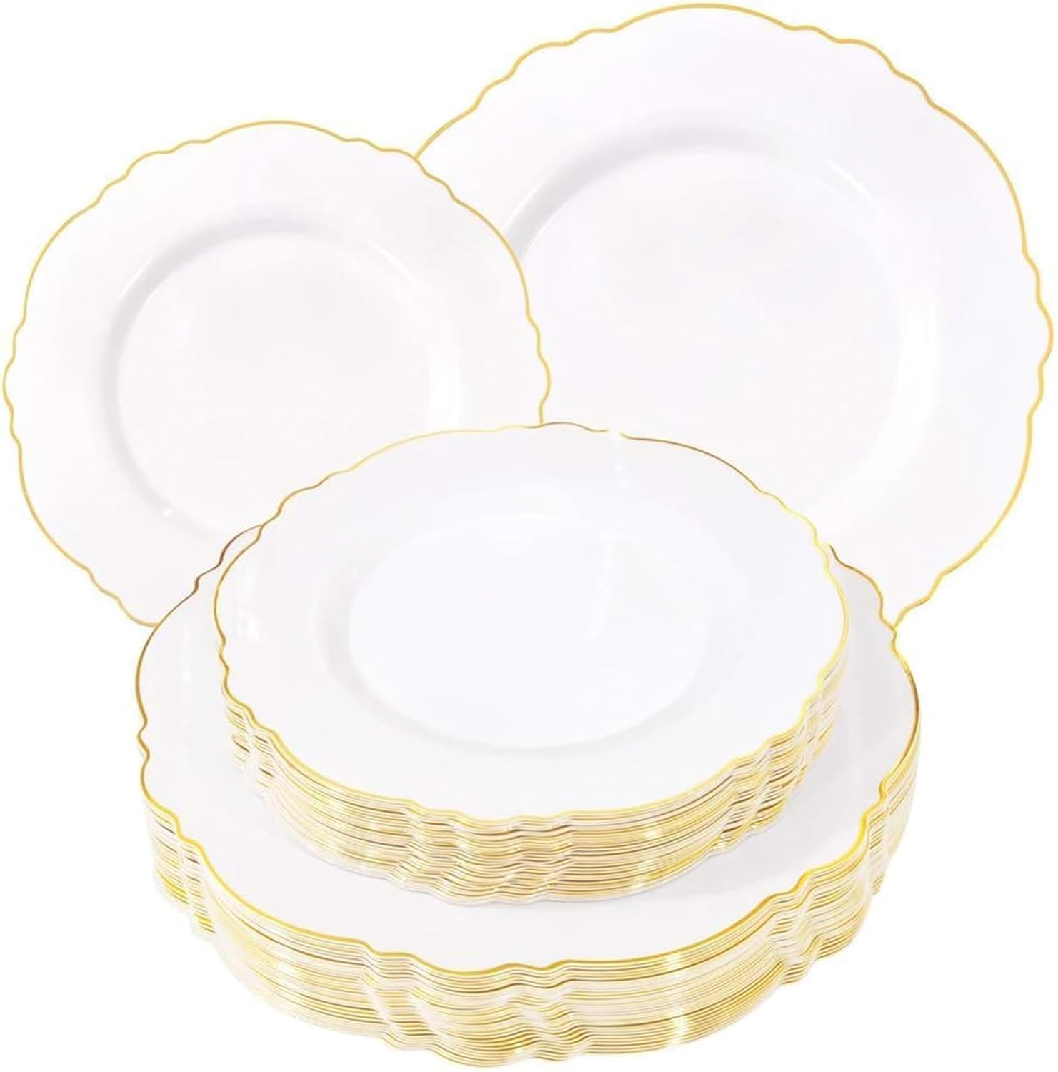 WDF 60pcs Baroque White & Gold Plastic Plates - 30 Heavy Duty 10.25" Dinner + 30 7.5" Salad Plates for Weddings, Showers, Parties