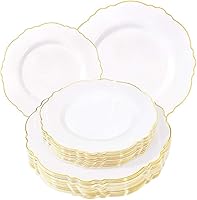 WDF 60pcs Baroque White & Gold Plastic Plates - 30 Heavy Duty 10.25" Dinner + 30 7.5" Salad Plates for Weddings, Showers, Parties