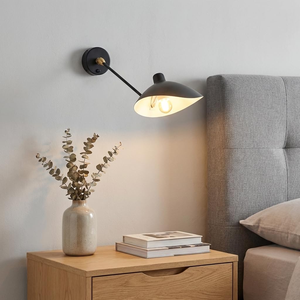BARCELONA LED Wandleuchte mit schwenkbarem Arm, schwarze industrielle Vintage-Wandleuchte aus Metall und Eisen, modernes und retro Design, verstellbare Beleuchtung Schlafzimmer