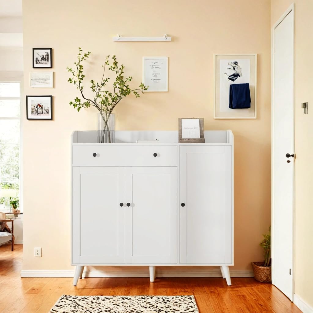 White Large Shoe Cabinet fit up to Shoe Size 16, Shoe Storage Cabinet with 3 Doors and 1 Drawer, Wooden Shoe Organizer for entryway