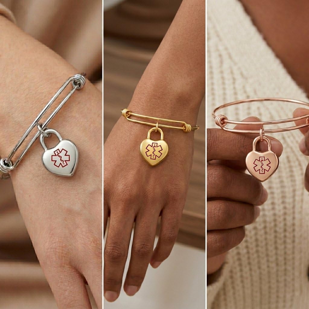 LinnaLove Personalized Medical ID Bracelet for Women, Expandable Wire Bangle in 14K Gold, Custom Engraved Medical Alert Heart Charm