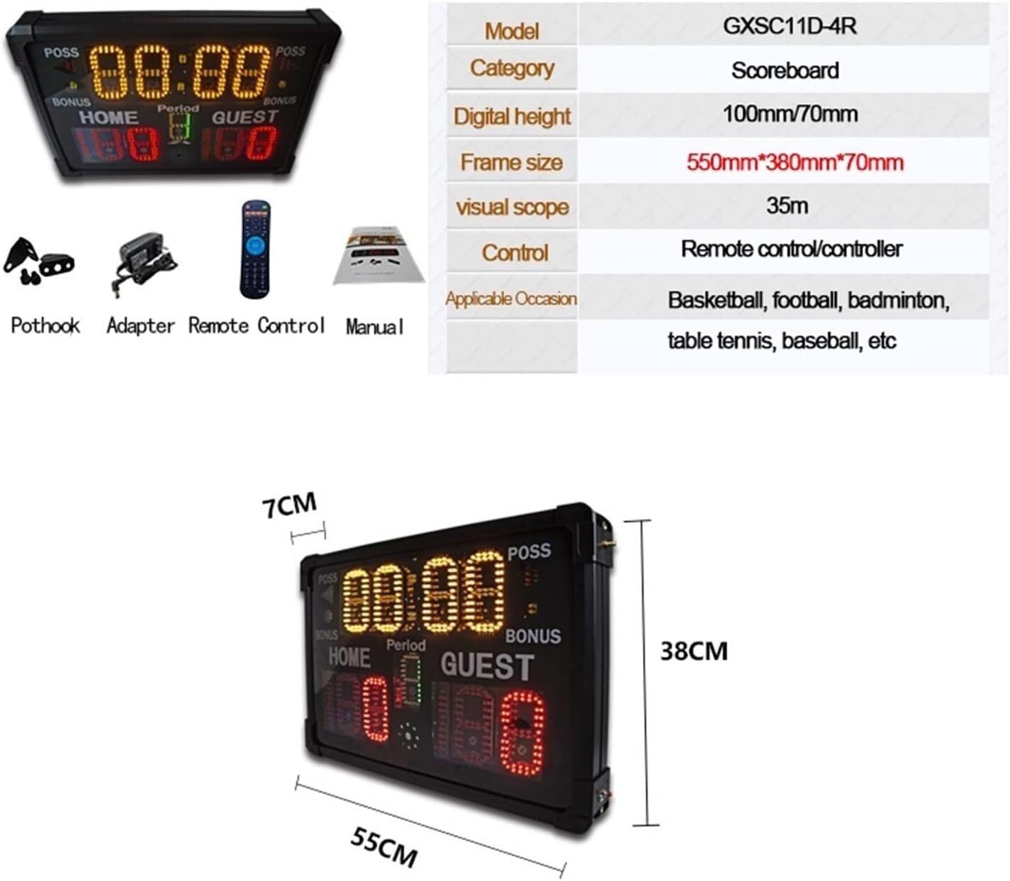 Cyfrowa tablica wyników z technologią LED, przenośna elektroniczna tablica wyników do meczów sportowych, w zestawie pilot zdalnego sterowania, minutnik i wyświetlacz wyników.