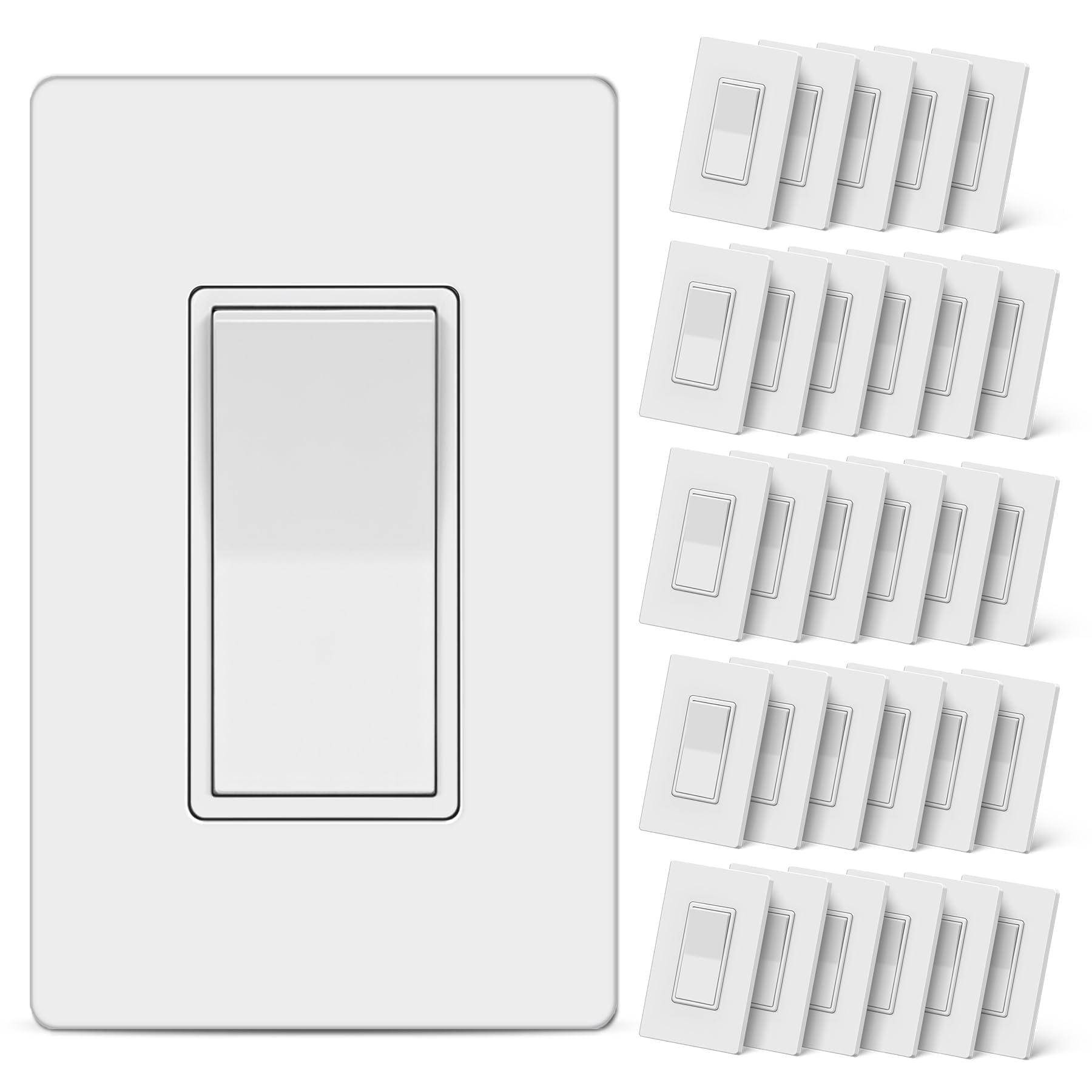 CML - Interruptor de luz decorativo de un solo polo, paquete de 30 interruptores de pared de paleta basculante, 15 A 120/277 V, interruptor de encendido/apagado, placa de pared sin tornillos incluida