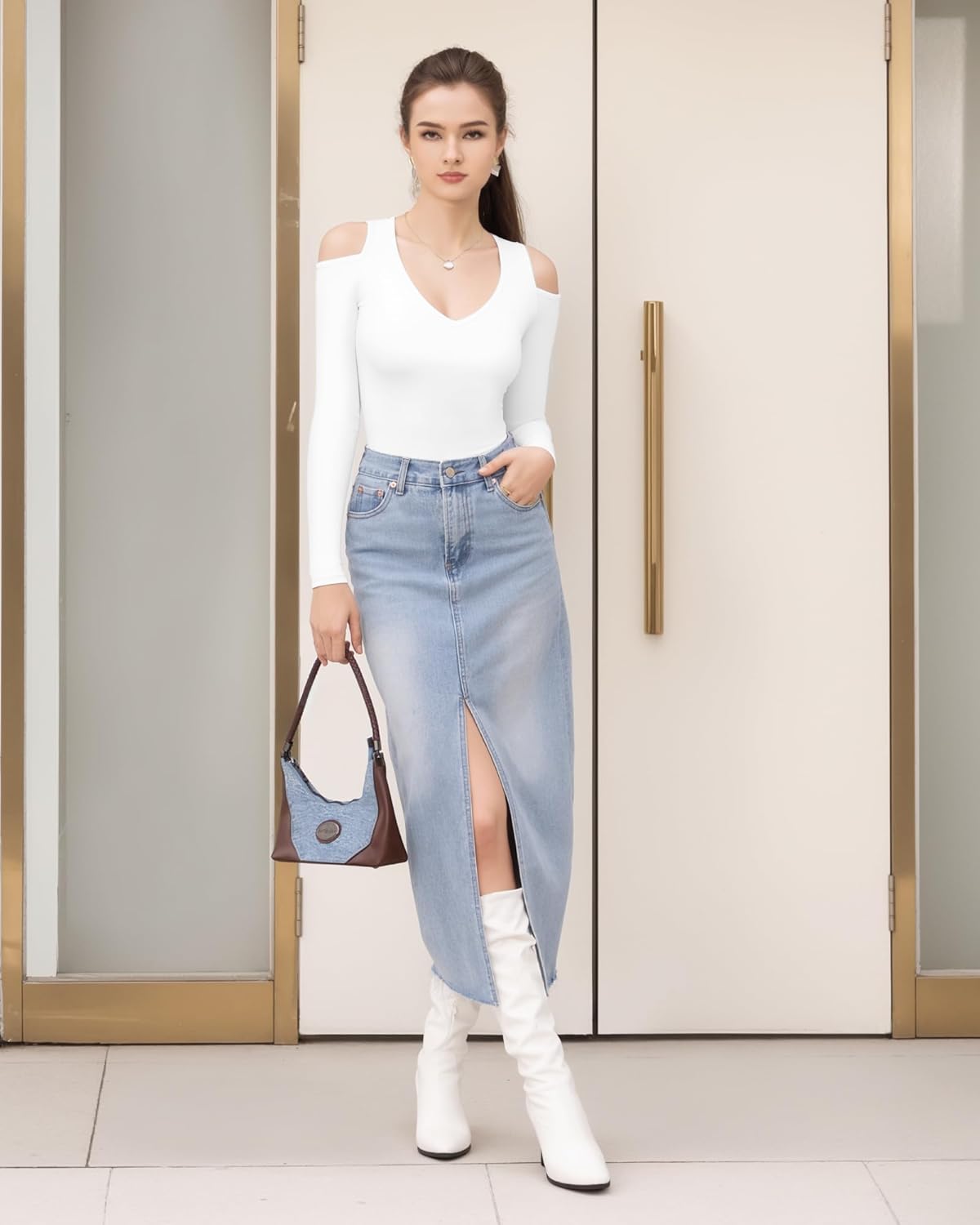 HERLOLLYCHIPS Womens Long Sleeve Tops Deep V Neck Cold Shoulder Tight Fitted Sexy Casual Fall Winter Tee T-Shirts - Image 3