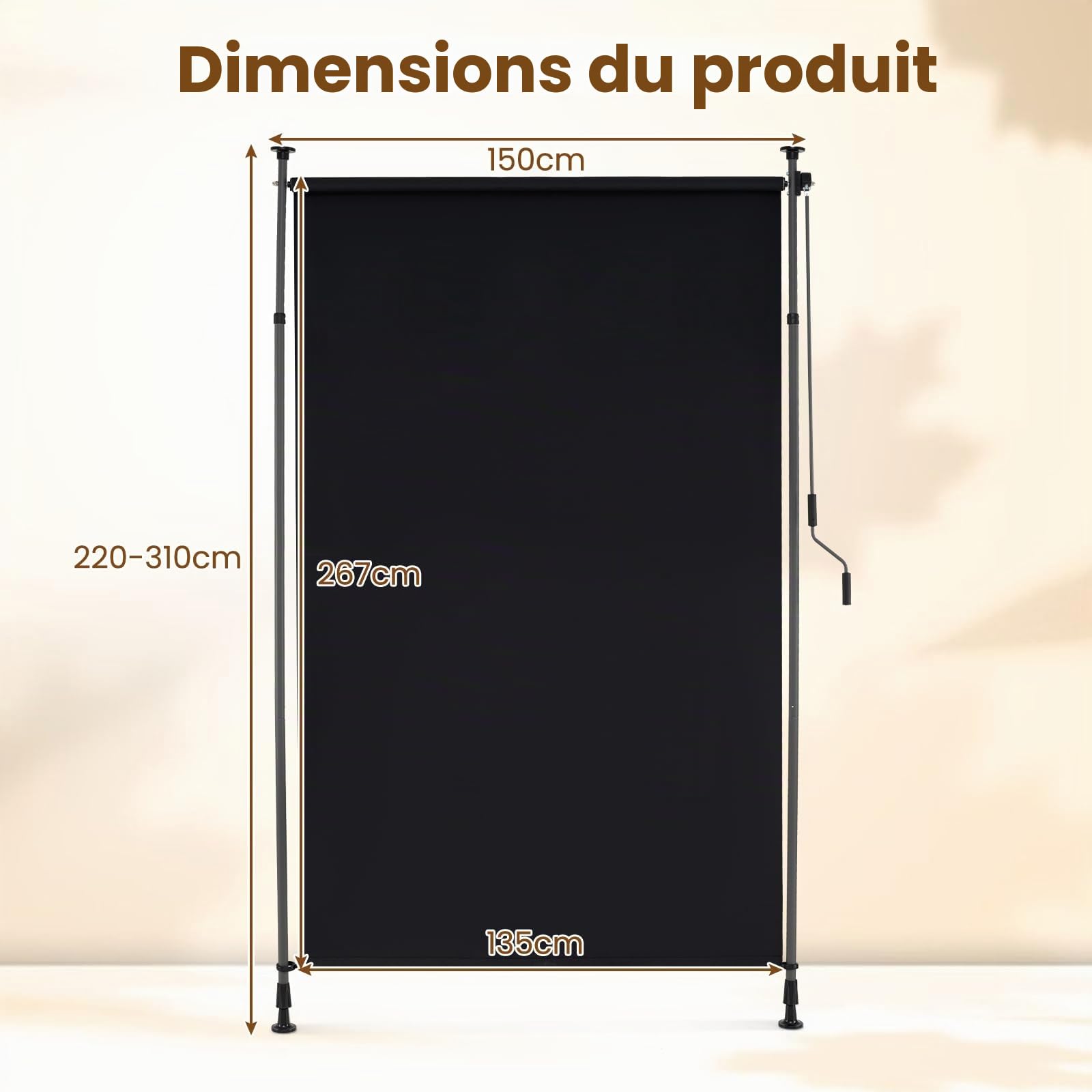 RELAX4LIFE Store Vertical sans Perçage | Store Extérieur Rétractable avec Manivelle | Polyester Anti-UV | Poteau en Alu | Hauteur 220-310 CM | Protection Solaire | pour Véranda Balcon (1,5M,Noir)