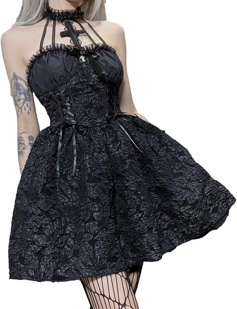 GK-O Japanese Harajuku Lolita Kawaii Club Party Neck Sleeveless Sexy Dress Halloween Costume Vampire Witch Mini Dresses (Large)