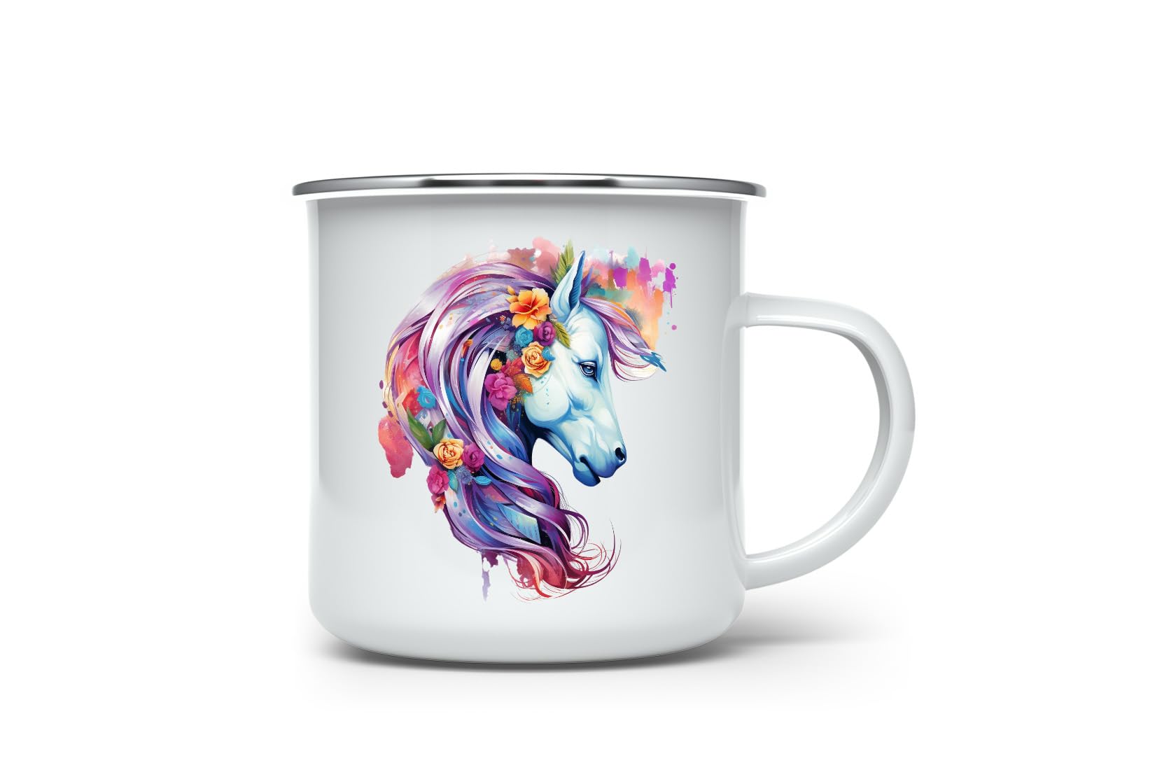 MAXIKIWI - Durable Enamel Coffee or Tea Camping Mug for Indoor Outdoor Use - Watercolor Unicorn Illustration - 350ml
