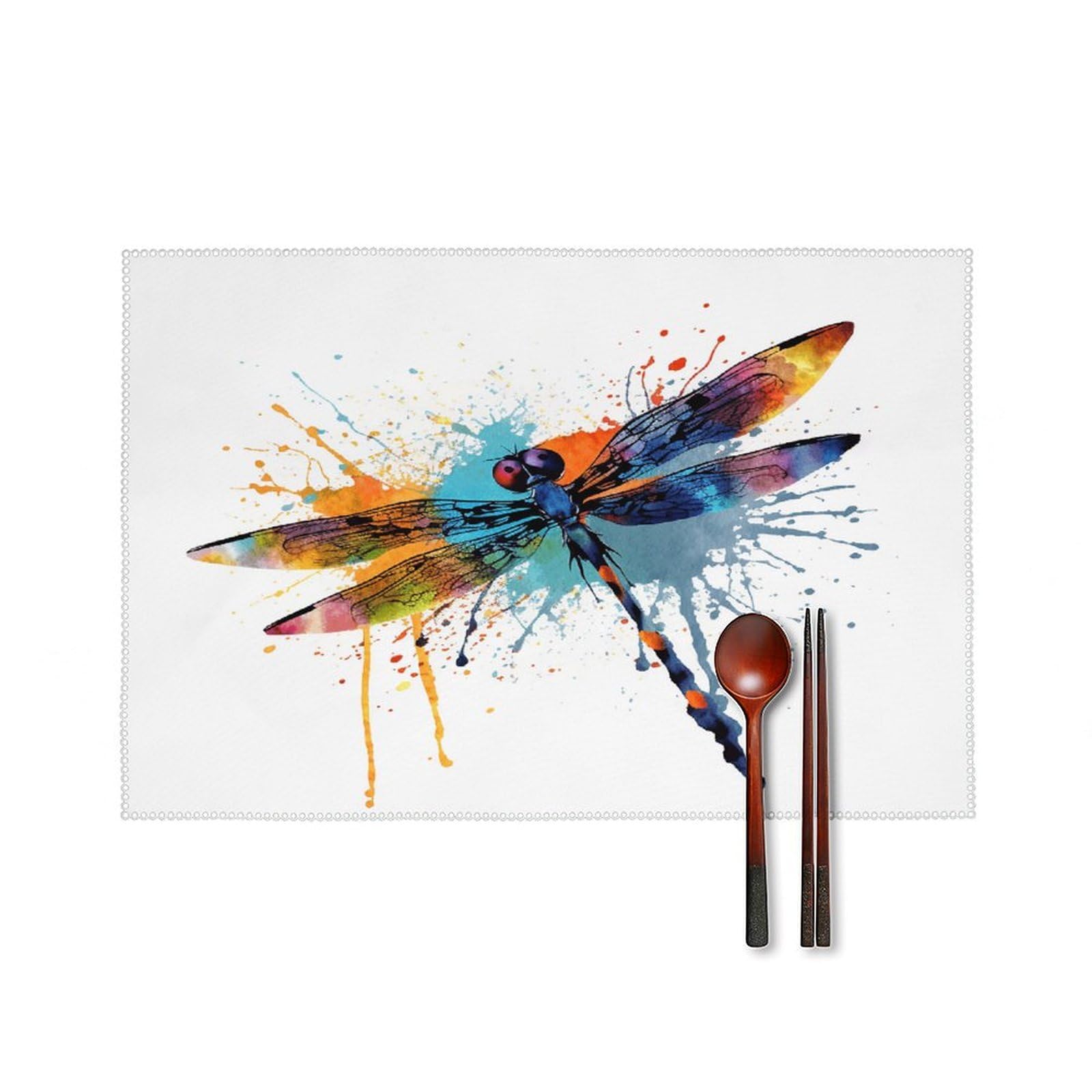 Fekiloot Style Paint Splash Dragonfly Placemats Set Of 6,Table Mat