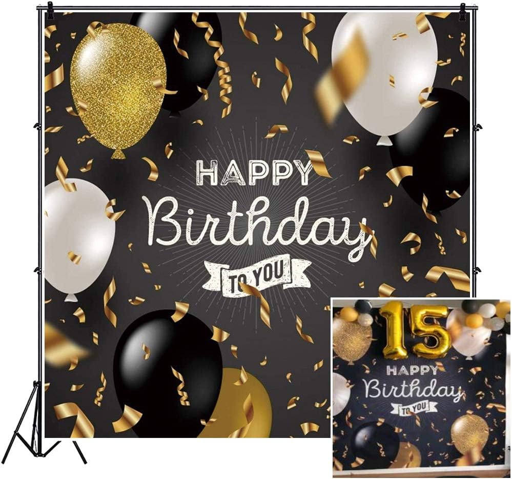 CSFOTO8x8ft Happy Birthday Backdrop Black Gold Birthday Party Background for Photography Birthday Banner Adult Birthday Photo Background