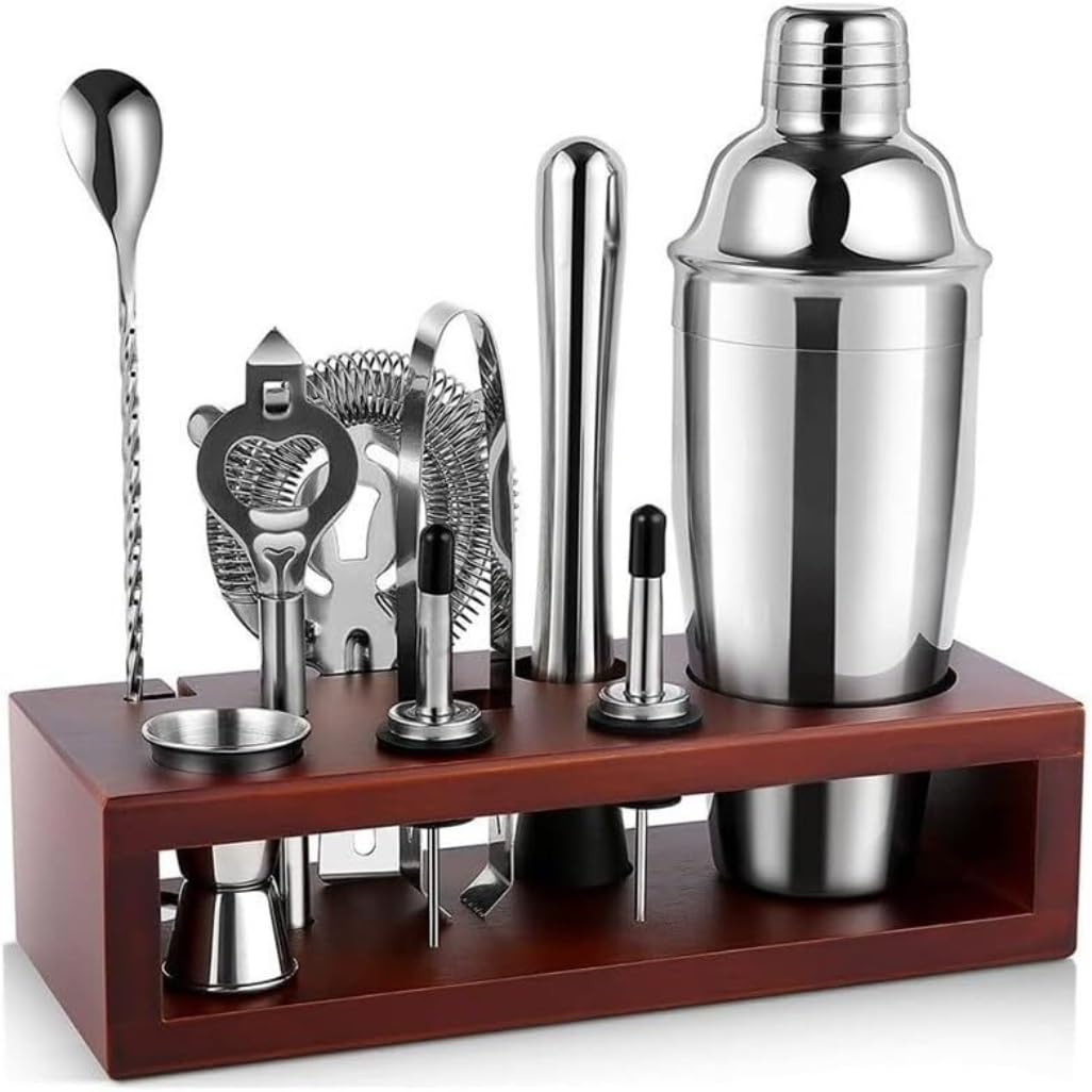 Coctelera Kit Kit Coctelería Vaso Mezclador de Acero Inoxidable, Juego Completo de Soporte de Madera, Juego de 10 Piezas, Vaso Mezclador de Barra Cocktail Kit Simple