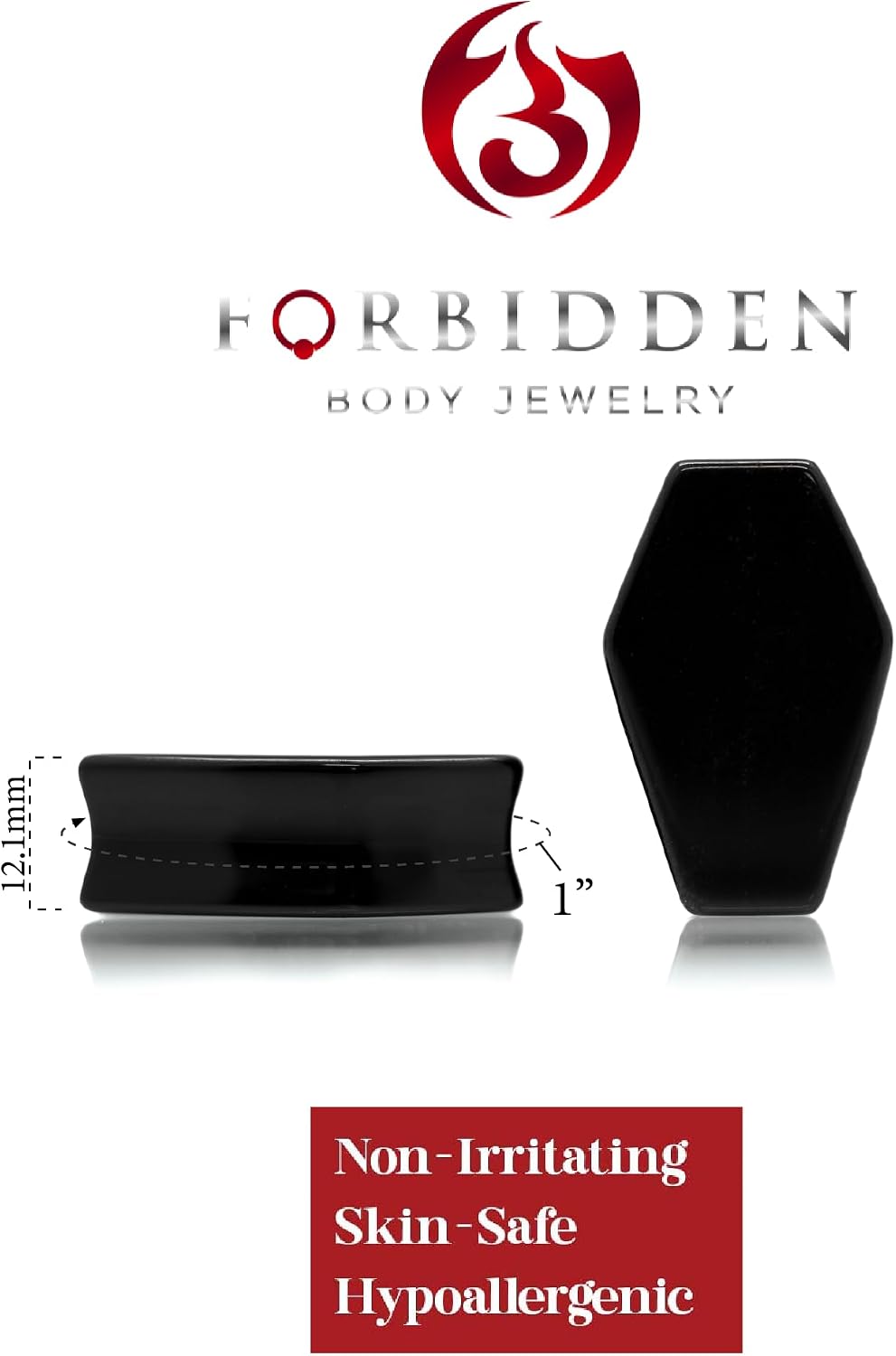 Forbidden Body Jewelry Natural Obsidian Black Stone Coffin Shaped Double Flare Plugs, Gauges, Tunnels