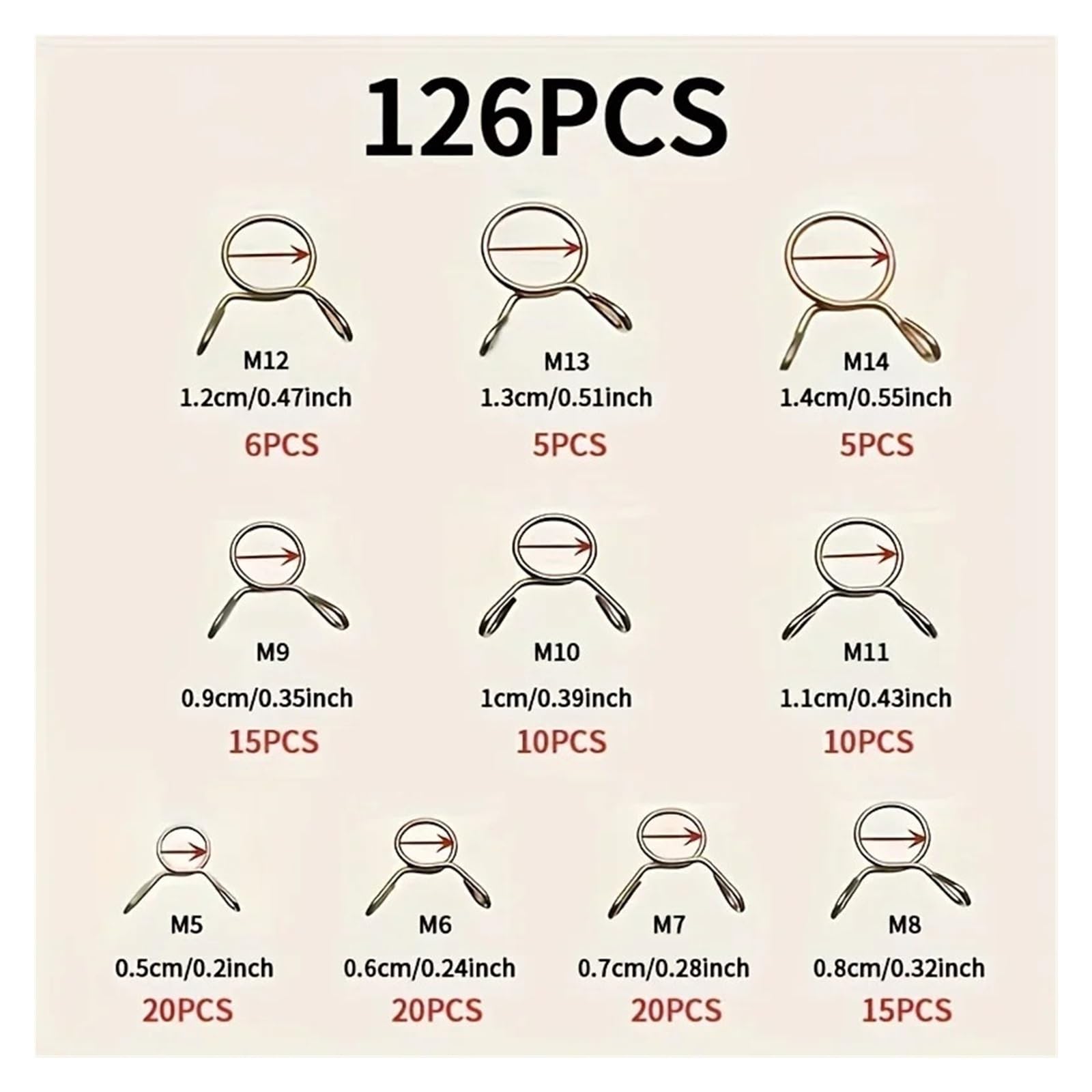 126 Uds. Abrazadera De Manguera 5mm-14mm Clips Resorte Chapados En Zinc Línea Combustible Engranaje for Barcos Motocicletas