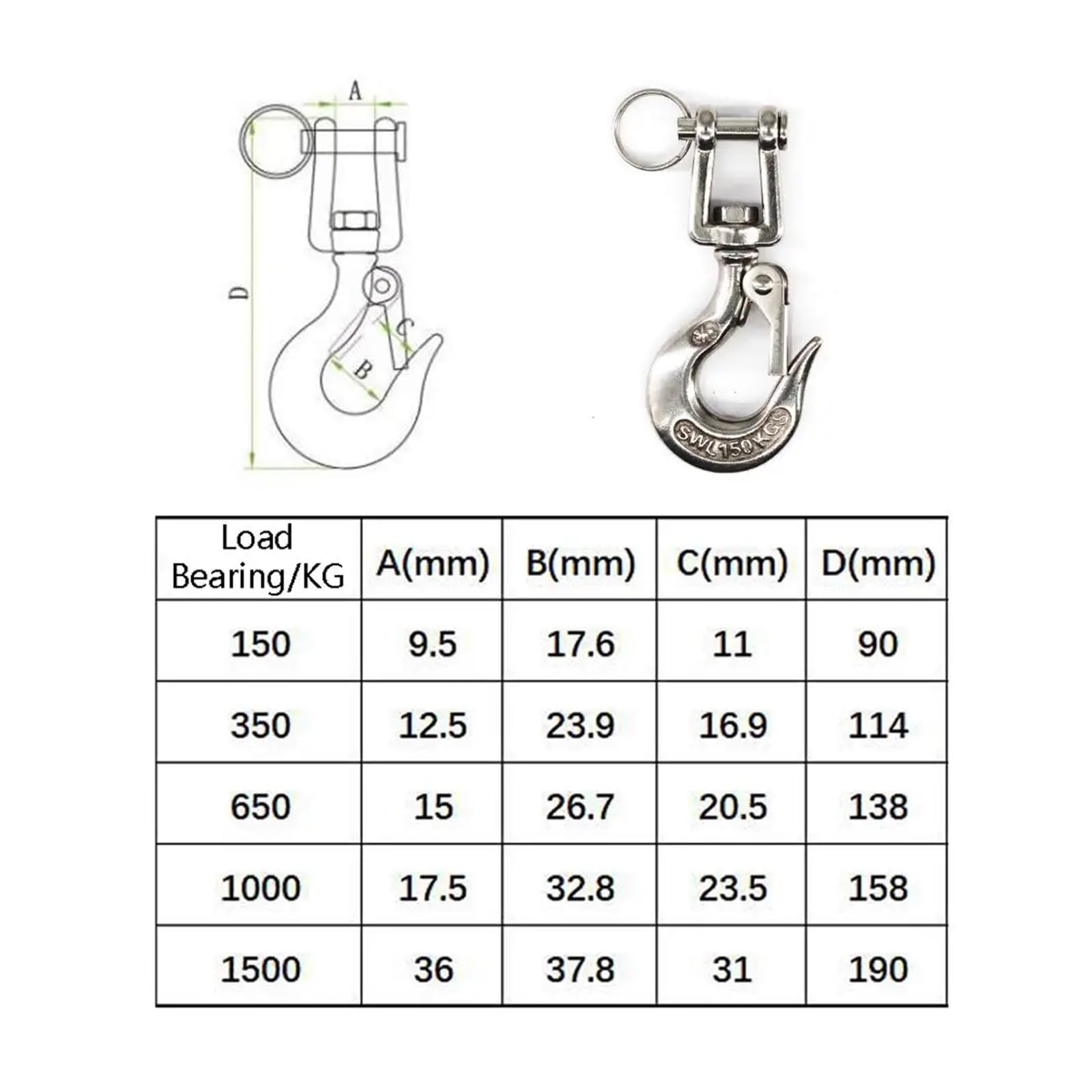 Gancio di sollevamento in acciaio Ganci di sollevamento e sartiame in acciaio inossidabile 304 con chiusura a occhiello girevole, 0,15-1,5 T(0.65T)