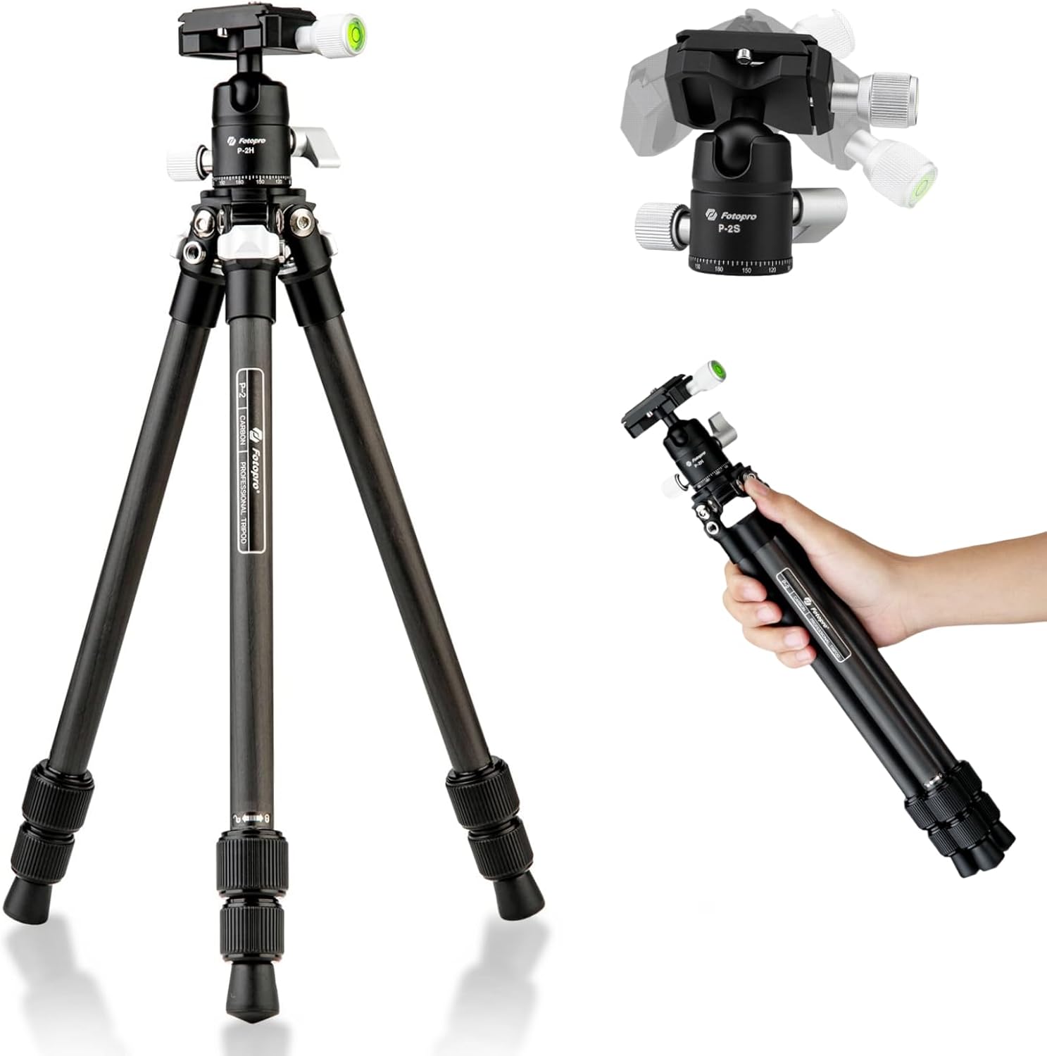 Fotorpro 28' Lightweight Travel Carbon Fiber Tripod with 360 Ballhead QR Plate for DSLR, Mirrorless, Phone - Max Load 11lbs, Black