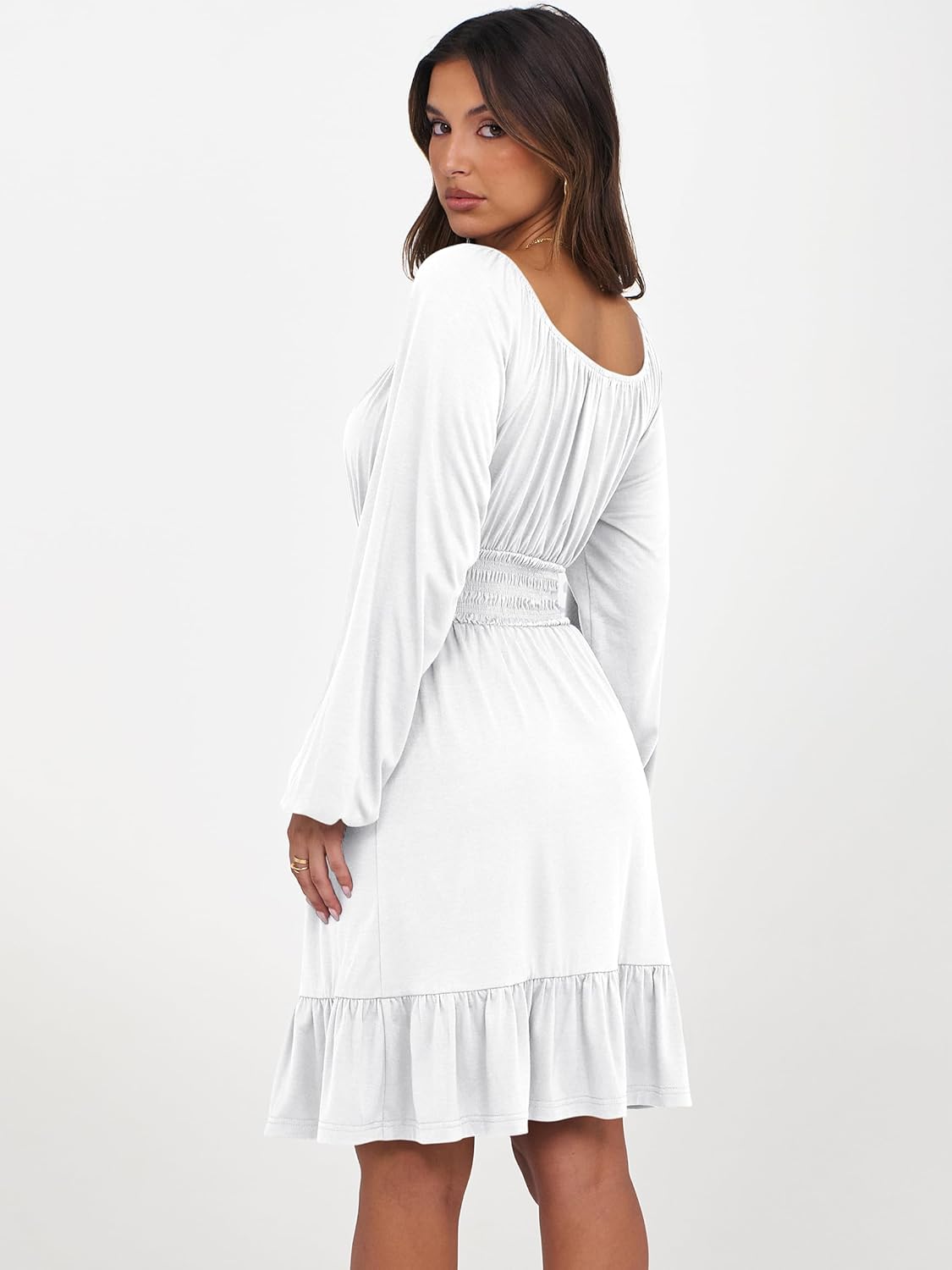 ANRABESS Womens Dress Long Lantern Sleeve Square Neck Elastic Waist Ruffle Flowy Swing A-Line Short Dresses 2025 Fall Fashion