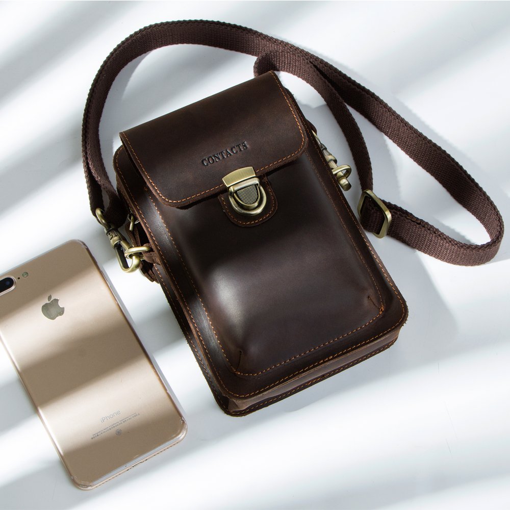 Contactos Riñonera de Cuero Genuino para Hombre Bolsa pequeña para teléfono móvil, Tarjeta, Moneda, Monedero