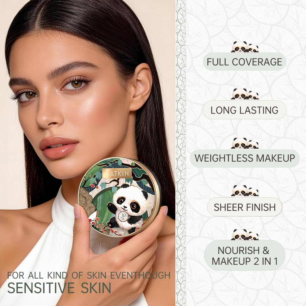 CATKIN Panda Land Cushion Foundation, Fond de Teint BB Creme, Anticernes, Anti-Terne et Anti-Rougeurs, Hydratation 24H, Sheer Finish, pour les Peaux Sensibles, avec Recharge, 15g*2