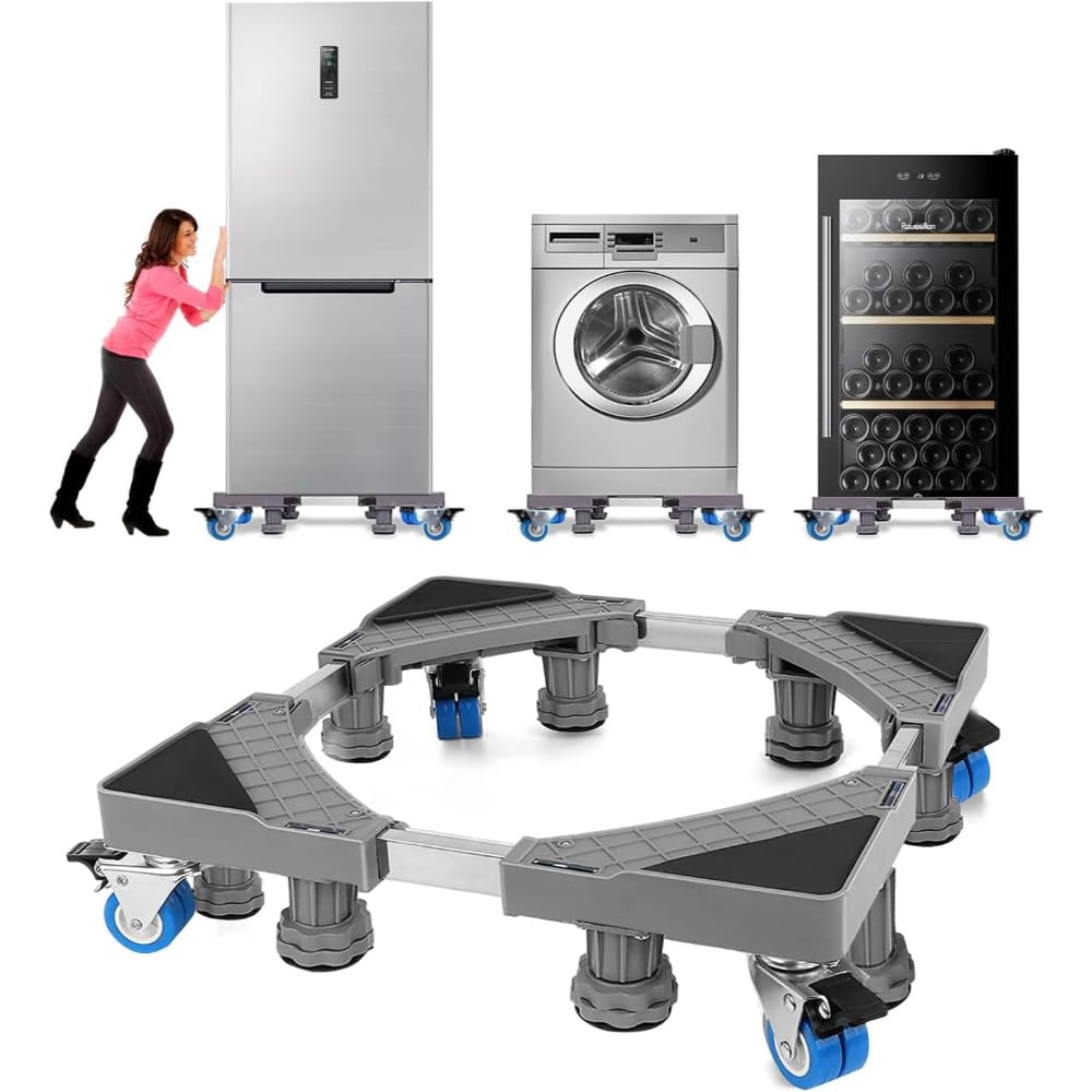 TABBOOT Adjustable Mobile Base | Refrigerator Stand | Stainless Steel Telescopic Washer Stand with Double Wheels & 8 Feets | Portable Washer Dolly | Dolly for Washing Machine with 4 Locking Wheels