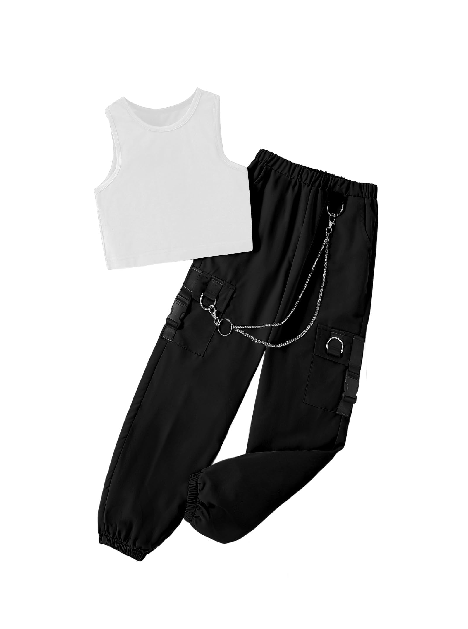 Girls 2 Piece Outfit Sleeveless Crop Tank Top Cargo Pants Set 7-14Y | Hip Hop Dance Outfit, Basic Tank Top and Jogger Pant Sets Streetwear Clothes for Tween Girls