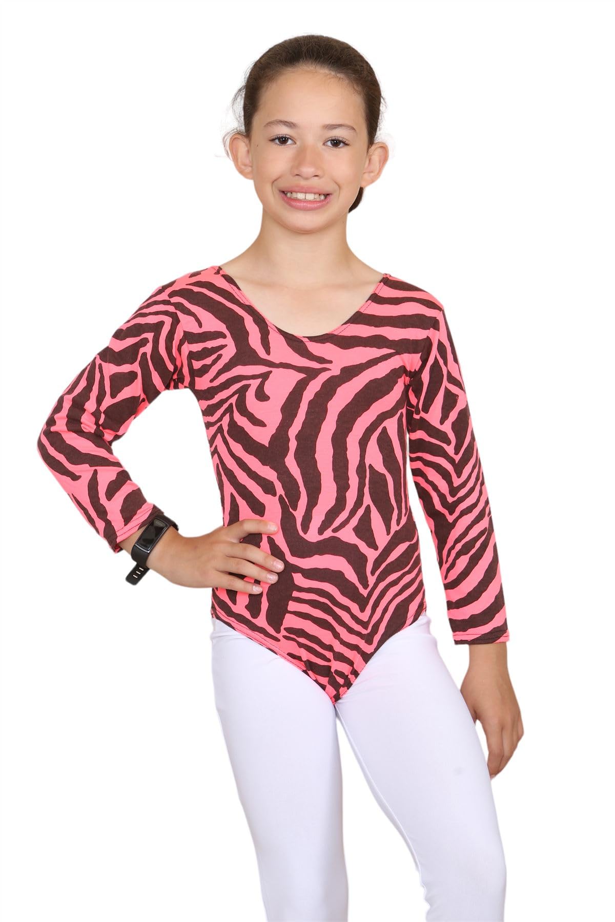 janisramone Girls Kids Zebra Print Long Sleeve Gymnastics Stretch Dance Gymnastics Leotard Bodysuit Top