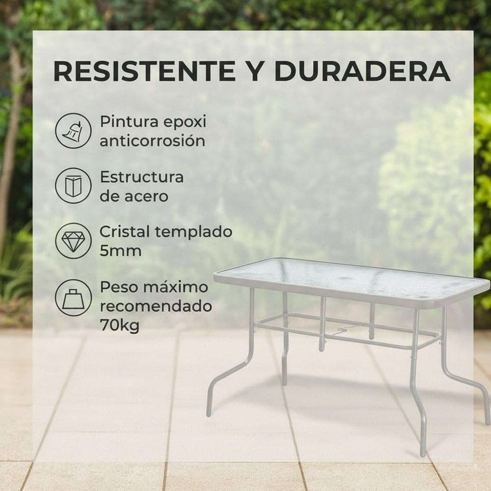 MONTY Mesa de Jardín Rectangular 140x90 cm de Acero Arena con Tablero de Cristal Templado 5mm | Pintura Anticorrosión, Uso Exterior | para 4 Personas | Requiere Montaje | Classic