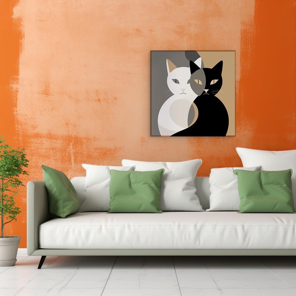 Canvas for Living Room. Whiskers in Harmony: A Glimpse into Feline Friendship Against a Beige and Brown Tapestry, 27 x 18 inch Canvas Wall Art - Ready to Hang