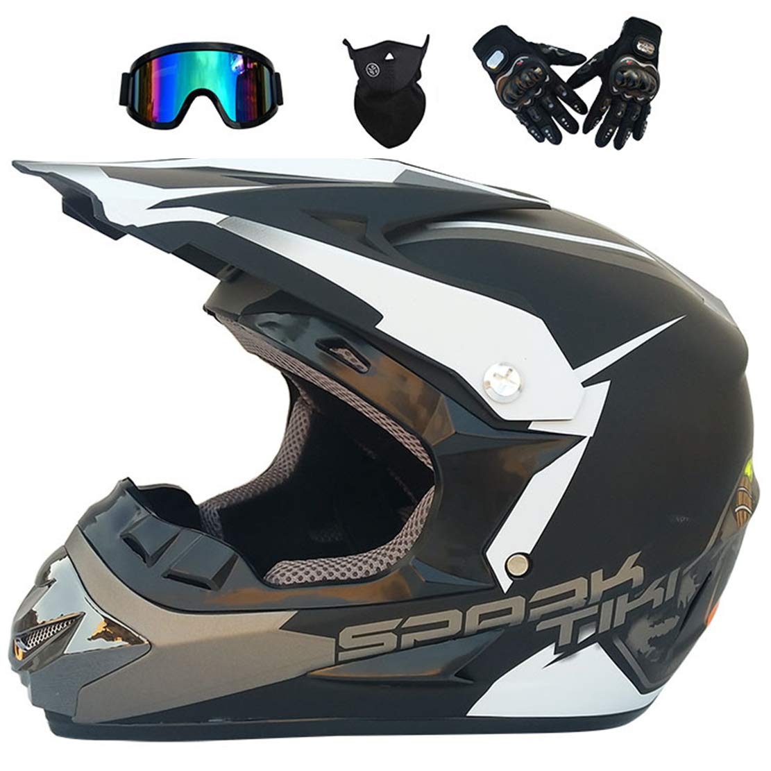 ATK Kask motocyklowy, kask motocrossowy, z szybą przednią, rękawice motocyklowe, standard ECE